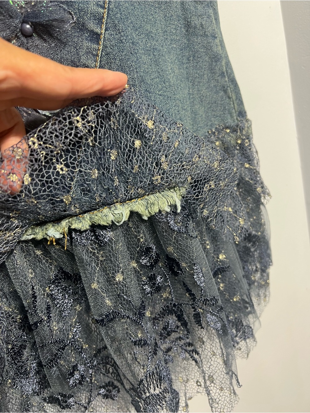 Y2K Beaded Denim Midi Skirt w/Lace Ruffle & Floral Embroidery Boho Whimsy - Picture 13 of 14